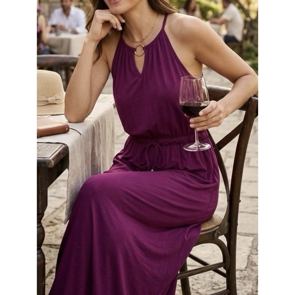 Attention Magenta Halter Maxi Dress XL -  Ring Detail Boho Summer Long Dress